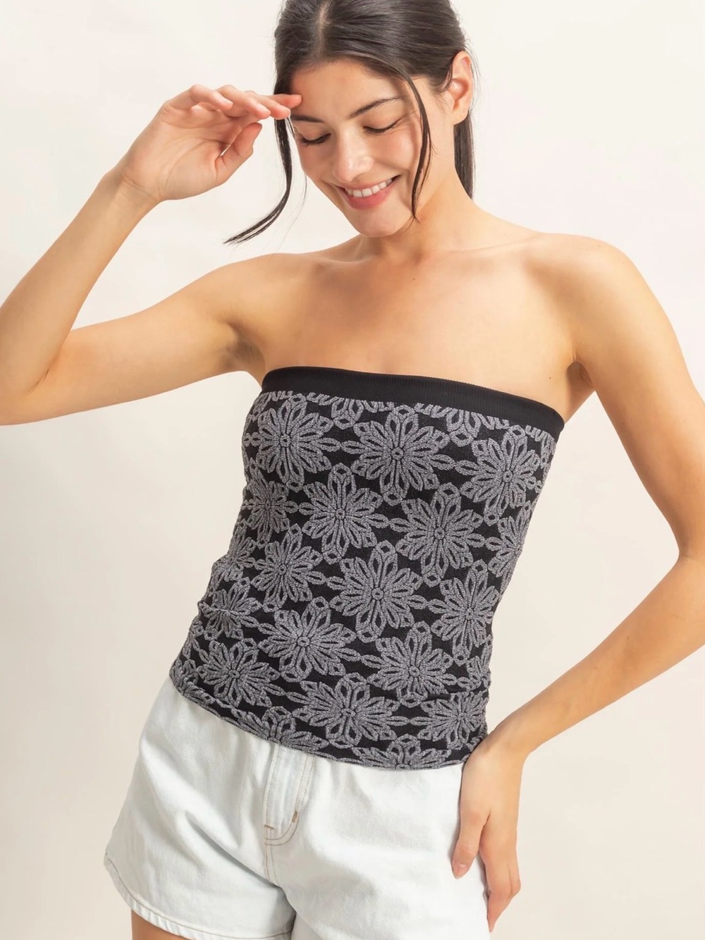 HYFVE Black Floral Jacquard Tube Top with Shelf Bra – Size Small